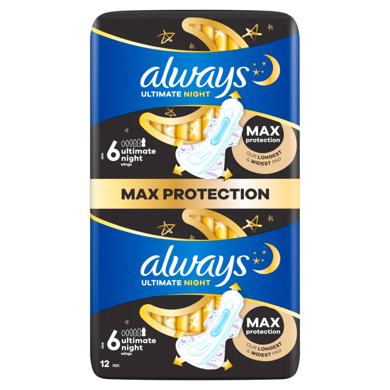 Always Size 6 Ultra Night Sanitary Towels with Wings 12 Pack