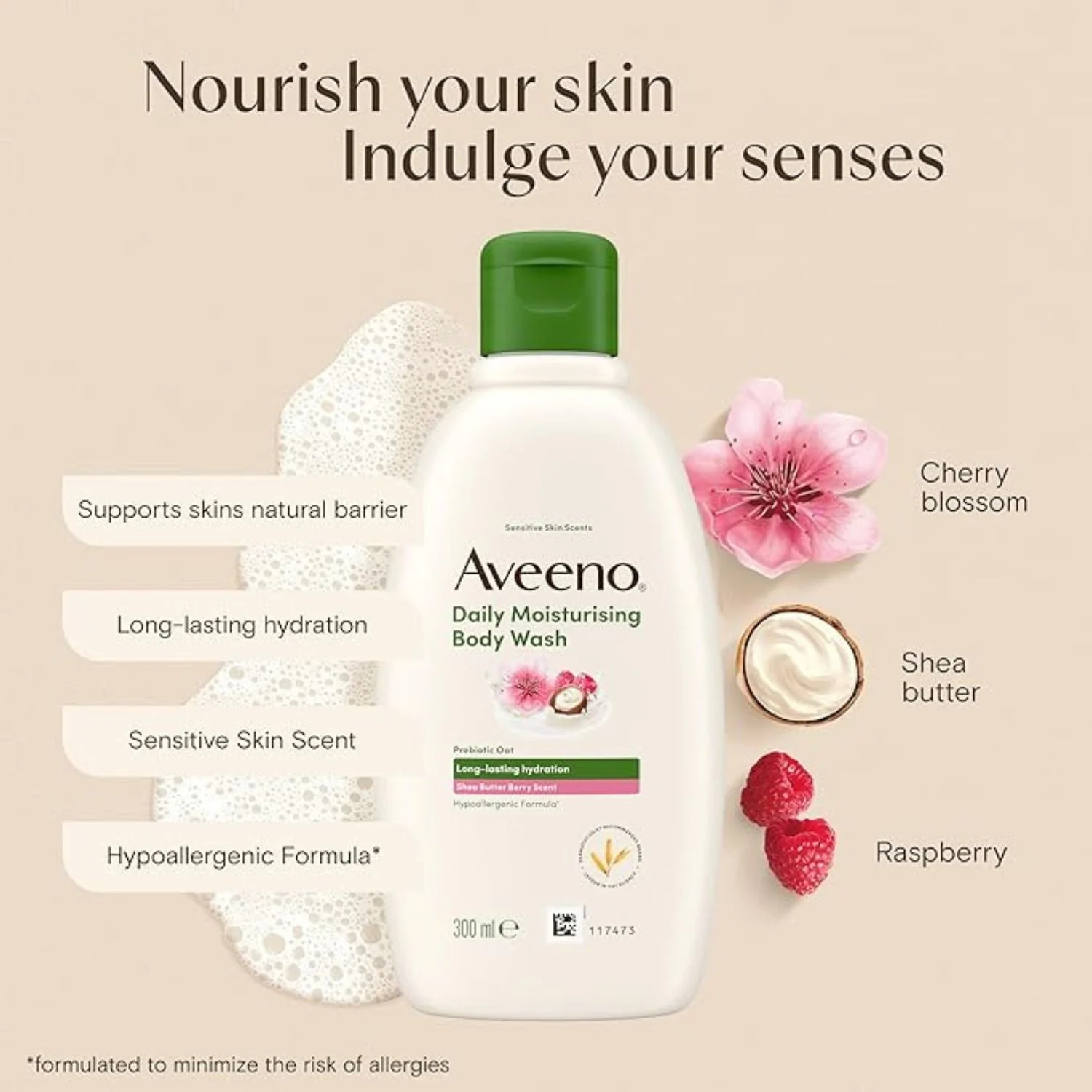 Aveeno Daily Moisturising Shea Butter & Berries Body Wash 300ml - Image 2