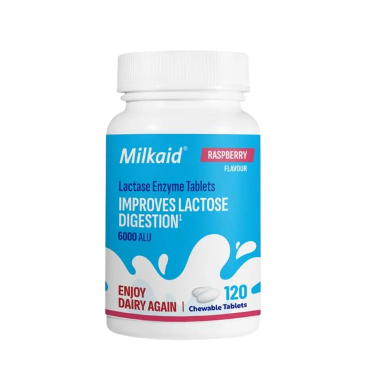 MilkAid Lactase Enzyme Chewable Tablets Raspberry Flavour - 120 Tablets