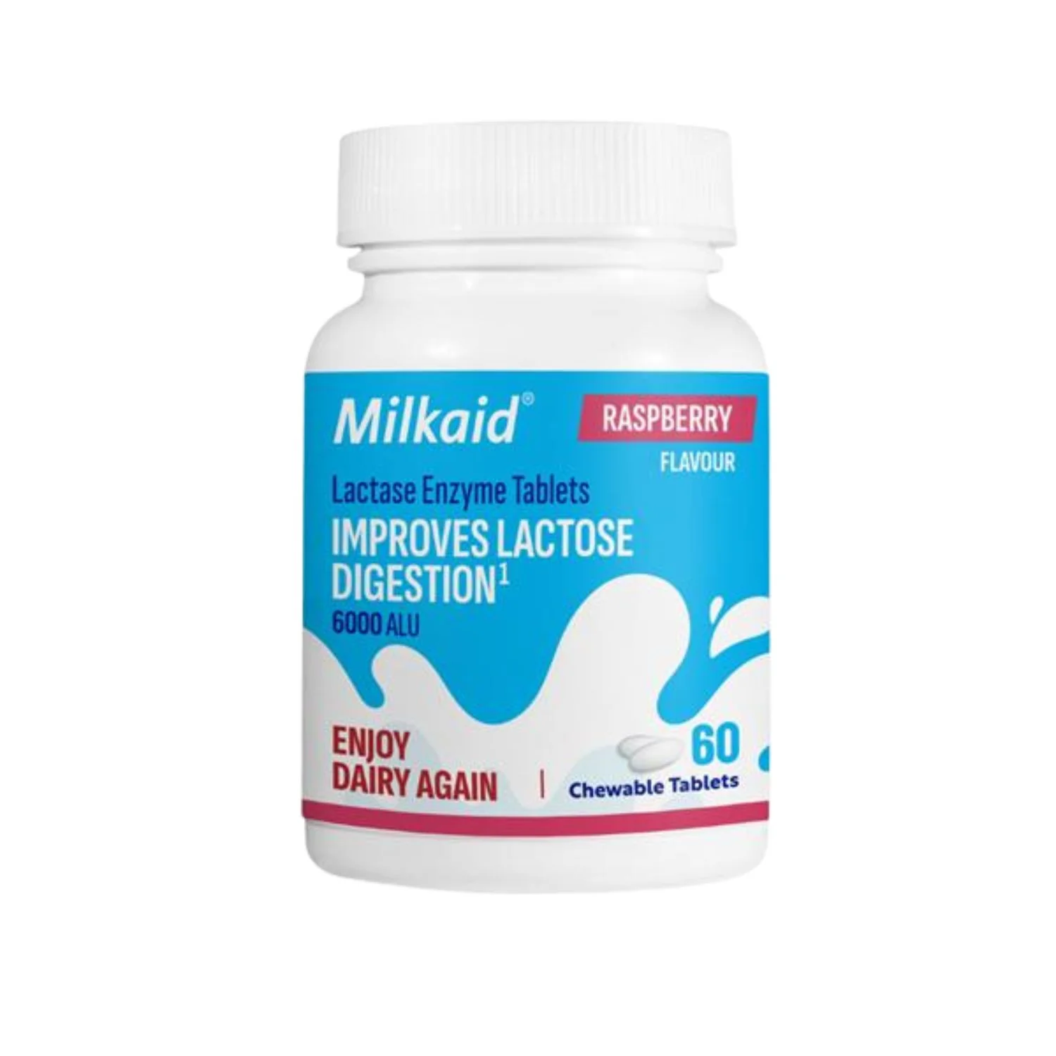 MilkAid Lactase Enzyme Chewable Tablets Raspberry Flavour - 60 Tablets