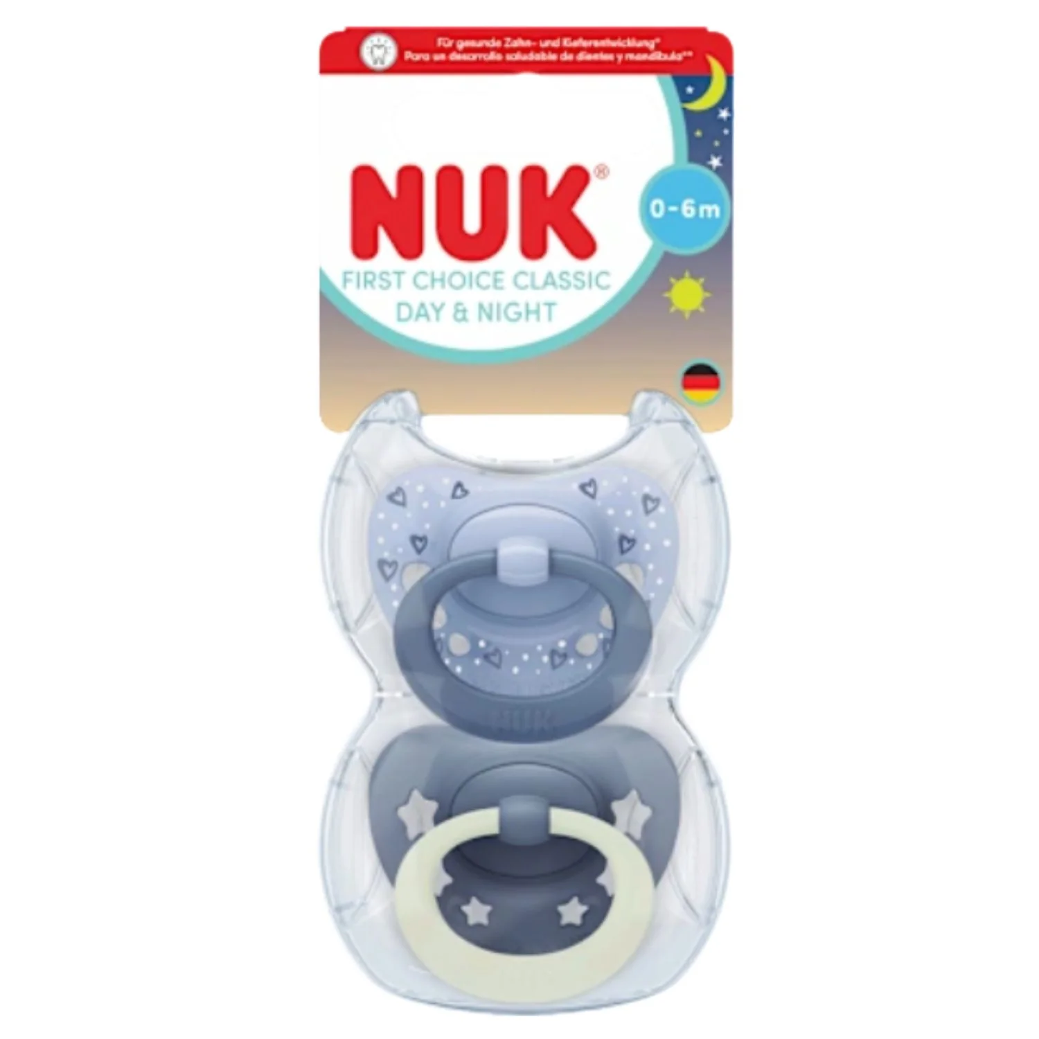 NUK First Choice Classic Day & Night Soothers – Boy, 0–6 Months (2 Pack)