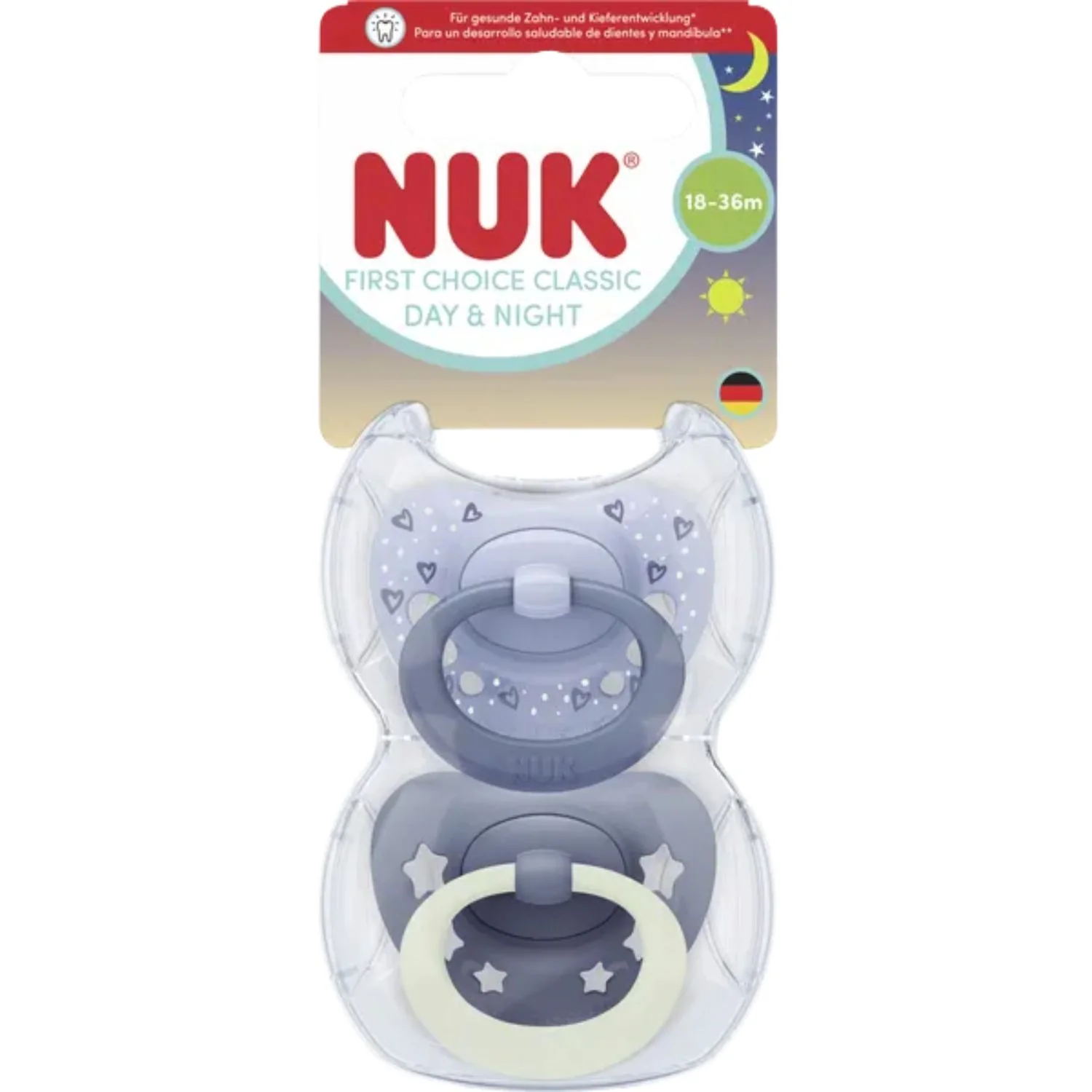 NUK First Choice Classic Day & Night Soothers - Boy, 18-36 Months (2 Pack)