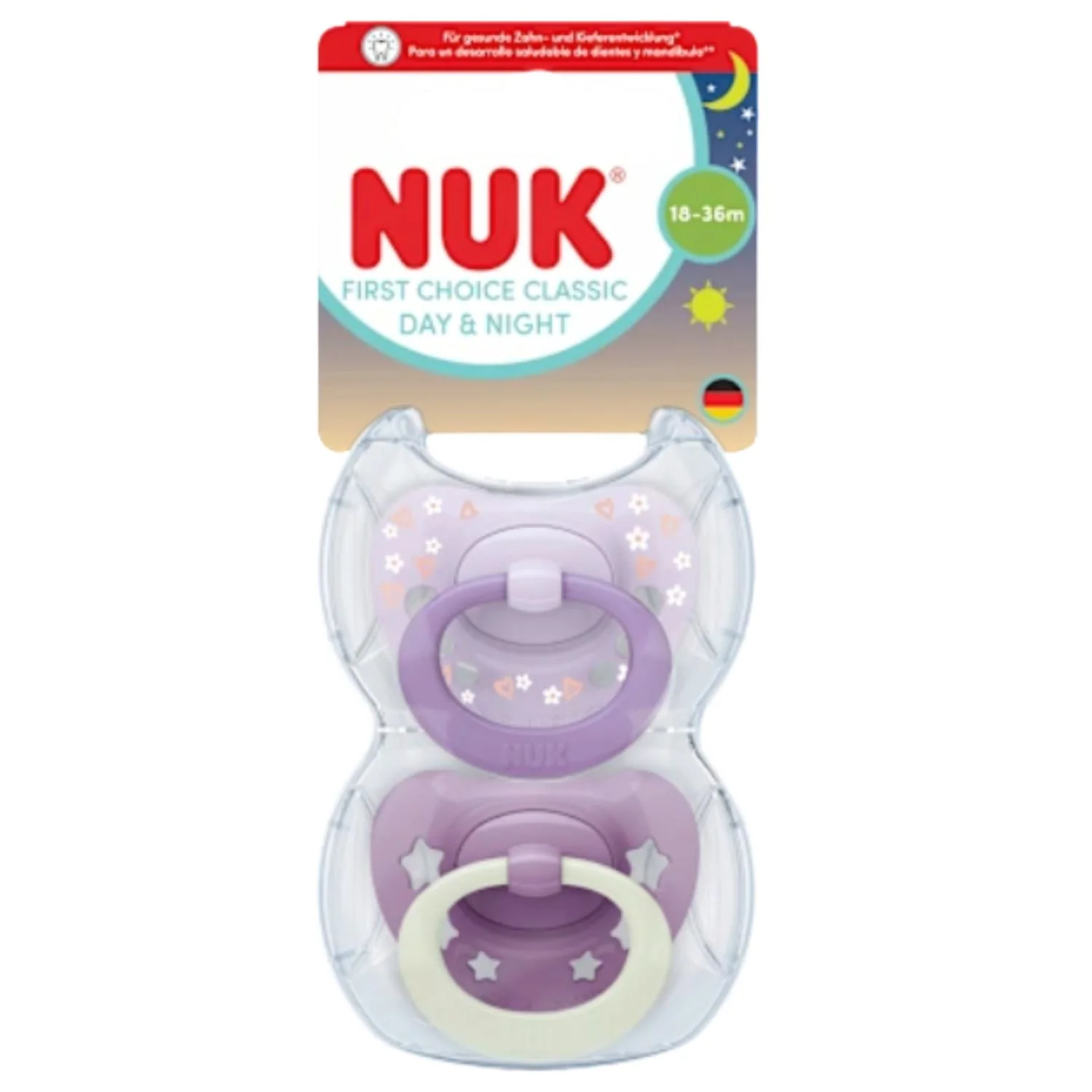 NUK First Choice Classic Day & Night Soothers – Girl, 18–36 Months (2 Pack)