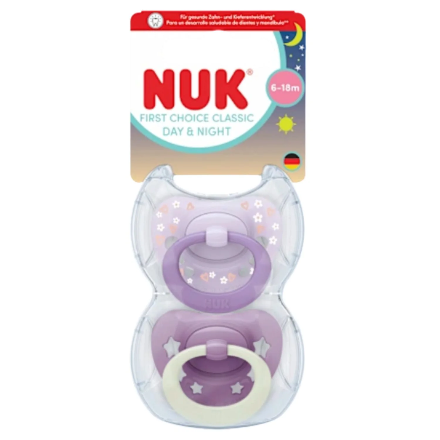 NUK First Choice Classic Day & Night Soothers – Girl, 6–18 Months (2 Pack)
