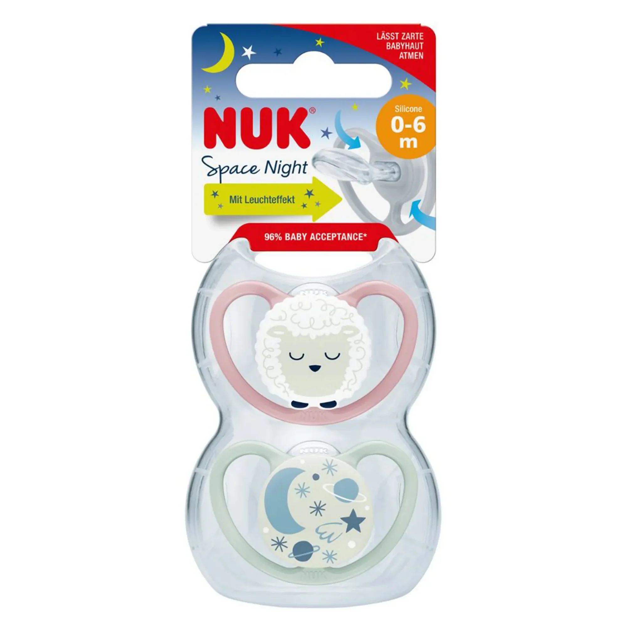 NUK Space Night Sheep Pink 0-6 Months Soother 2 Pack - Image 2
