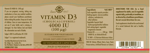 Solgar Vitamin D3 4000 IU 100 ug -Vegetable 60 Capsules - Image 2